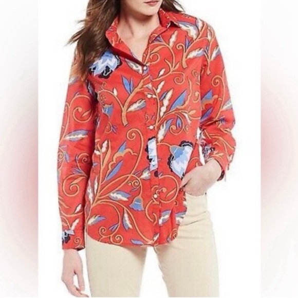 J McLaughlin Lois Red Floral Button Up Cotton Long Sleeve NEW - Picture 8 of 9